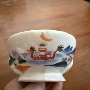 Vintage Taiwan Shell Soap Dish Hand Painted Dragon Boat Pagoda Porcelain Coastal